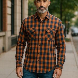 Mossy Oak Men’s XX-Large Orange and Blue Casual Plaid Snap Down Shirt